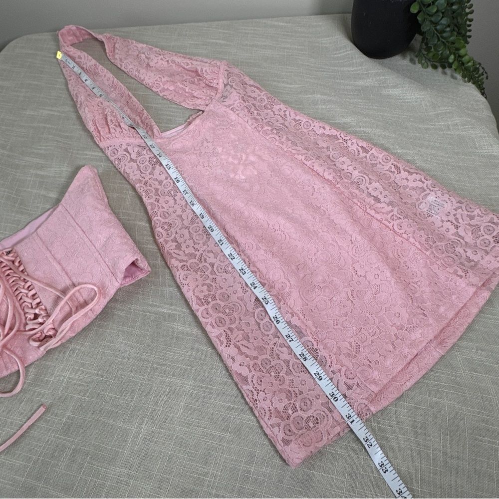 Pink Lace Halter Corset Mini Dress Coquette Y2K Fairycore Bodycon Party Dress - Picture 6 of 14